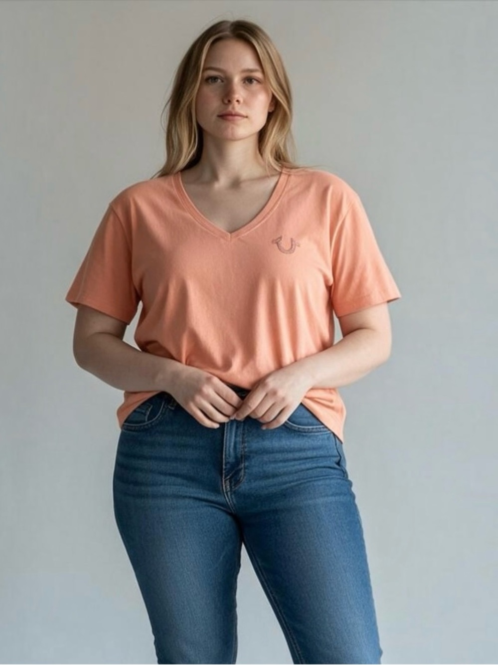 True Religion Womens Peach V-Neck Rhinestone Spellout Back Logo T-Shirt Size 2XL